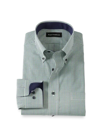 Paul Fredrick Tailored Fit Non-iron Cotton Check Dress Shirt With Contrast Trim In Green