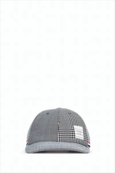 Thom Browne Patchwork Wool Cap With Structured Brim And Striped Detail In Gray