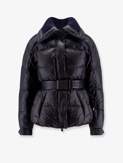Moncler Puffer Jacket With Belted Waist And High Collar In Blue