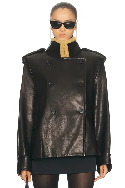 Khaite Dean Leather Double-breasted Jacket With Lamb Shearling Collar In Black