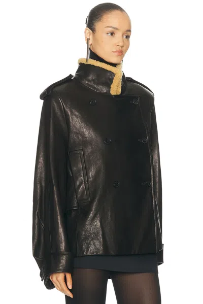 Khaite Dean Leather Double-breasted Jacket With Lamb Shearling Collar In Black