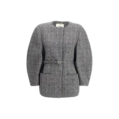 Fendi Women Blouson Jacket In Wool And Cotton Tweed With A Check Pattern In Gray