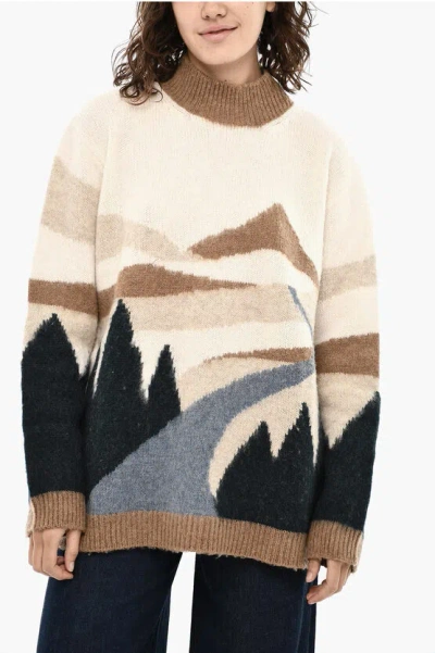 Woolrich Virgin Wool Embroidered Landscape Turtleneck Sweater In Neutral