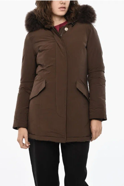 Woolrich Solid Color Luxury Down Jacket With Hidden Closure In Brown