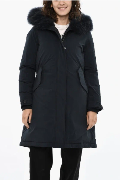 Woolrich Solid Color Keystone Down Jacket With Fur On Hood In Blue
