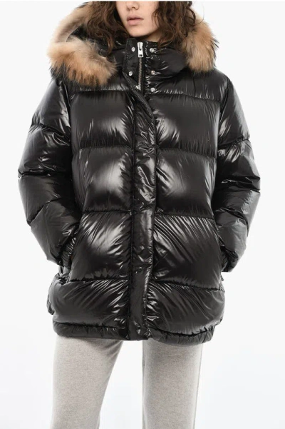 Woolrich Patent Quilted Aliquippa Down Jacket With Fur In Black