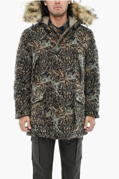 Woolrich Aime' Leon Dore Camouflage Jacquard Down Jacket With Fur In Black