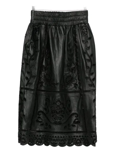 Farm Rio Floral-embroidered Scalloped Skirt In Black