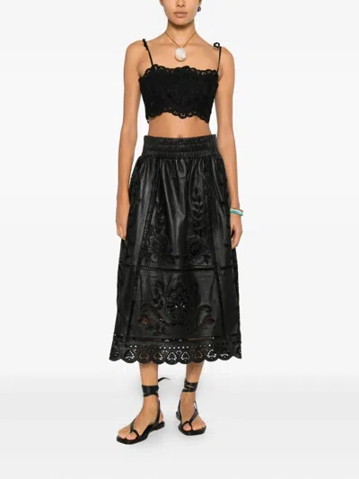 Farm Rio Floral-embroidered Scalloped Skirt In Black