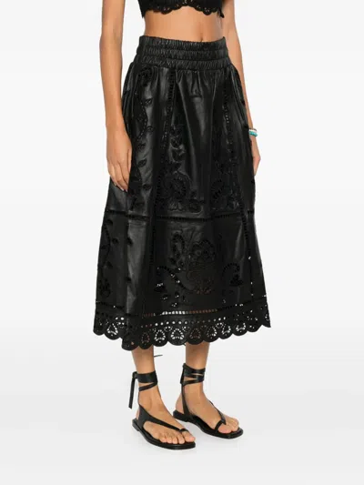 Farm Rio Floral-embroidered Scalloped Skirt In Black