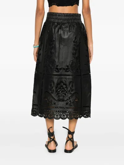 Farm Rio Floral-embroidered Scalloped Skirt In Black