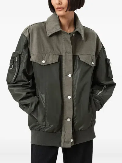 Allsaints Womens Khaki Green Verity Contrast-panel Relaxed-fit Woven Bomber Jacket