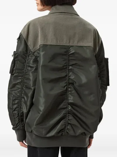 Allsaints Womens Khaki Green Verity Contrast-panel Relaxed-fit Woven Bomber Jacket