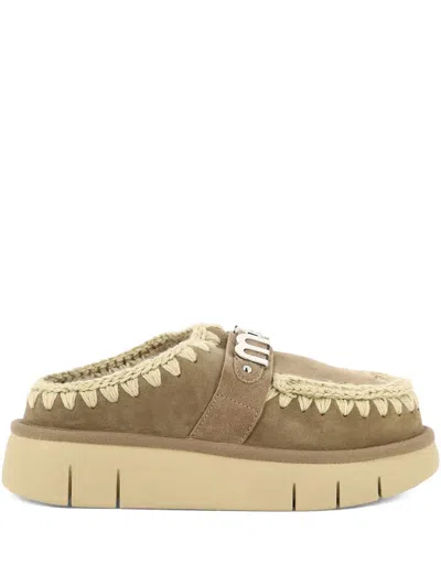 Mou Bounce Brown Mules With Logo Lettering And Open Rear In Suede Woman In Brown
