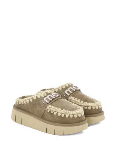 Mou Bounce Brown Mules With Logo Lettering And Open Rear In Suede Woman In Brown