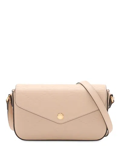 Pre-owned Gucci 2016-2025 Super Mini Gg Jumbo Embossed Leather Pochette Crossbody Bag In Brown