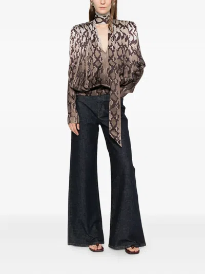 Stella Mccartney Satin Top With Snake Print And Knot In Brown