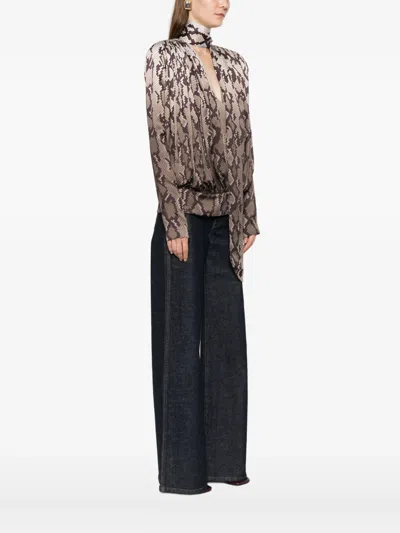 Stella Mccartney Satin Top With Snake Print And Knot In Brown