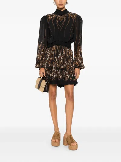 Farm Rio Tie-neck Floral-print Georgette Mini Dress In Black