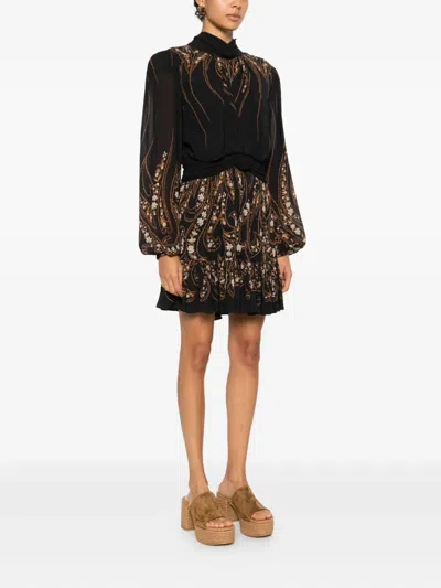 Farm Rio Tie-neck Floral-print Georgette Mini Dress In Black