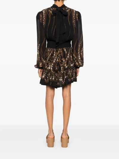 Farm Rio Tie-neck Floral-print Georgette Mini Dress In Black