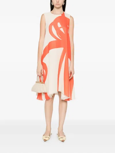 Pre-owned Rue Du Mail 2000s Printed Silk Midi Dress In Neutral