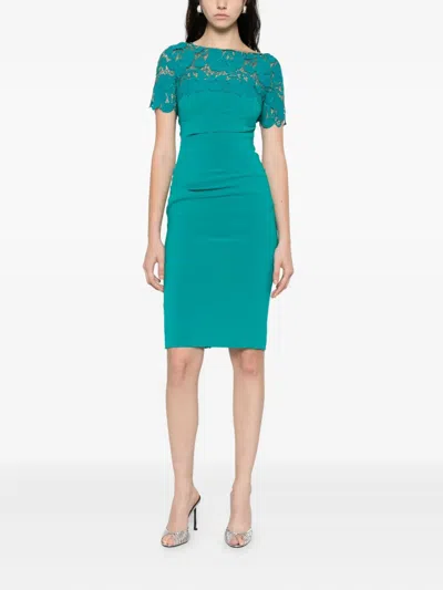 Talbot Runhof Guipure Lace Short-sleeve Draped Dress In Blue