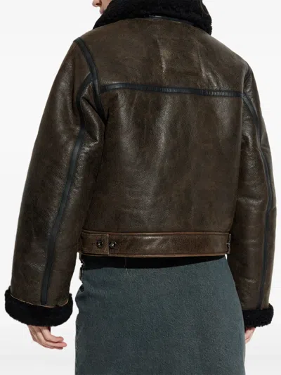 Samsoe & Samsoe Zippered Long-sleeved Leather Jacket In Brown