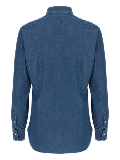 Barba Napoli Button-down Collar Long Sleeve Denim Shirt In Blue