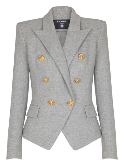 Balmain Wool-blend Jersey Double-breasted Blazer In Gray