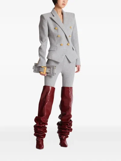 Balmain Wool-blend Jersey Double-breasted Blazer In Gray