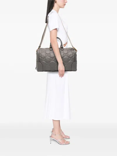 Pre-owned Gucci 2016-2025 Medium Gg Matelasse Leather Duffle Bag Travel Bag In Gray
