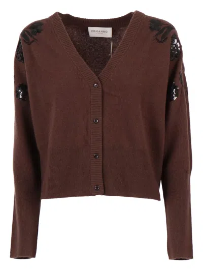 Ermanno Scervino Embroidered Wool Cardigan With Button-down Front In Brown