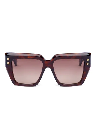 Balmain Studded Geometric-frame Sunglasses In Brown