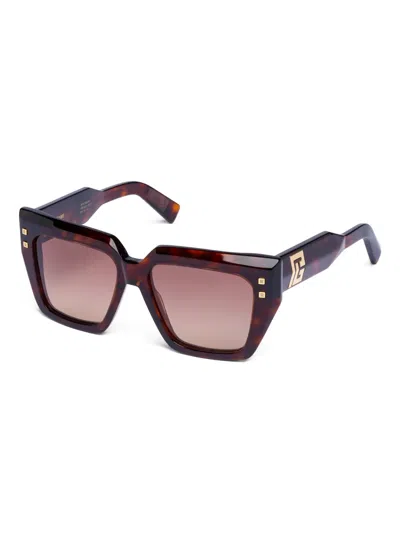 Balmain Studded Geometric-frame Sunglasses In Brown