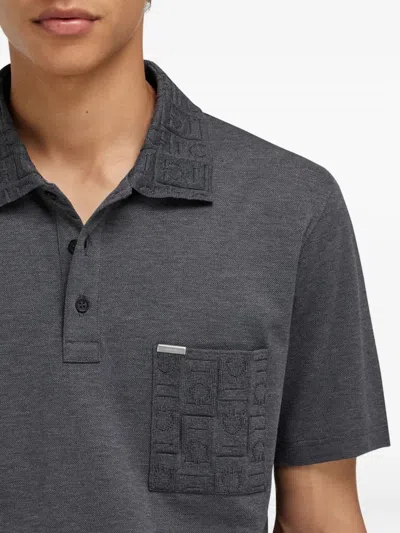 Ferragamo V-neck Polo With Jacquard Pocket Detail In Gray
