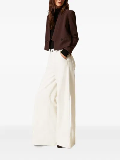 Twinset White Pants With Belt Loops In Ribbed Velvet Woman In White