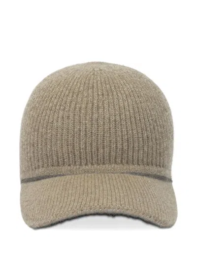 Brunello Cucinelli Curved Brim Knit Hats With Ribbed Texture In Green