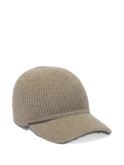 Brunello Cucinelli Curved Brim Knit Hats With Ribbed Texture In Green