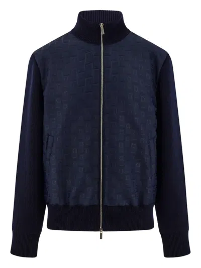 Ferragamo Monogram Jacquard Knitted Bomber Jacket In Blue