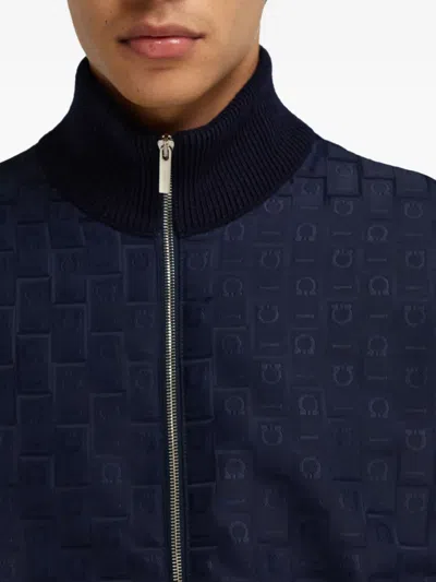 Ferragamo Monogram Jacquard Knitted Bomber Jacket In Blue