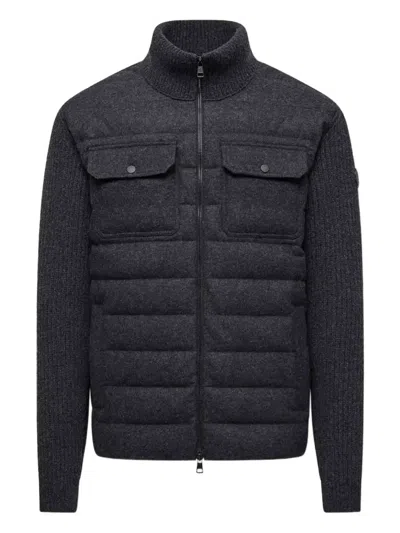 Moncler Quilted High Collar Cardigan Featuring Pockets In Black