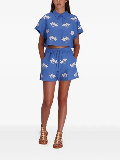 Benaras By Citrus Palm-tre Linen Shorts In Blue