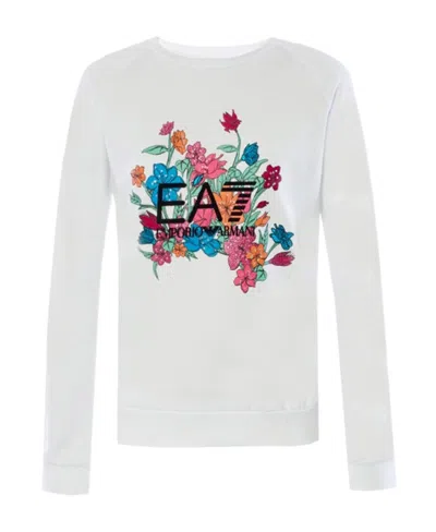 Ea7 Round-collar Long-sleeve Hoodie In White