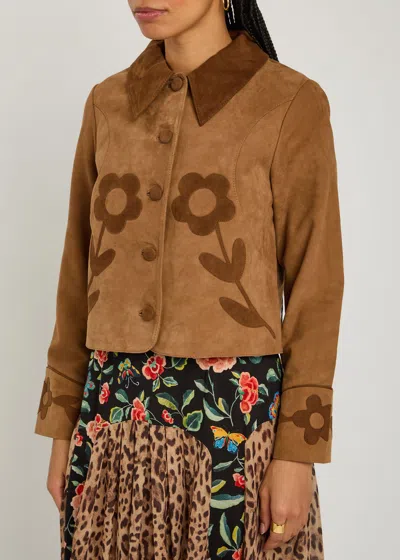Rixo London Rixo Dionne Floral Cropped Suede Jacket In Brown
