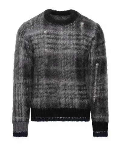 Sacai Gray Plaid Mohair Knit Sweater In Black