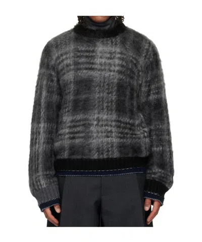 Sacai Gray Plaid Mohair Knit Sweater In Black