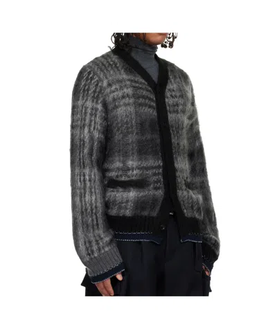 Sacai Plaid Mohair Knit Cardigan In Black