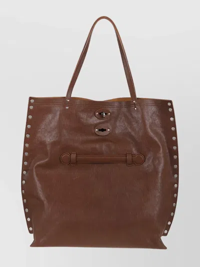 Zanellato Studded Leather Shoulder Bag With Dual Handles In Brown