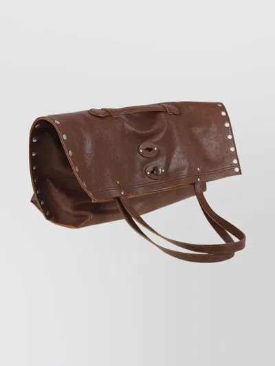 Zanellato Studded Leather Shoulder Bag With Dual Handles In Brown